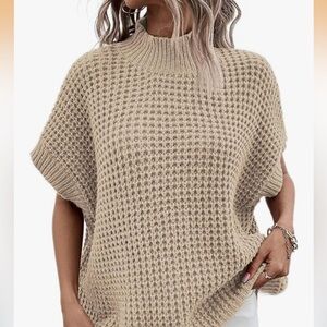 🆕 Elegant Tan Cowl Neck Sweater oversized batwing sleeves mock neck size medium